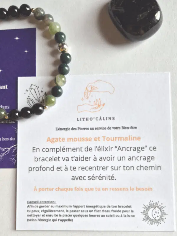 Bracelet tourmaline noire et agate mousse pour enracinement et stabilité.