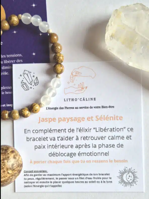 Coffret bien-être Lith’essentielle libération avec bracelet en sélénite et jaspe paysage, élixir aux huiles essentielles d’eucalyptus citronné, ylang-ylang et camomille romaine pour l’harmonisation émotionnelle et le lâcher-prise.