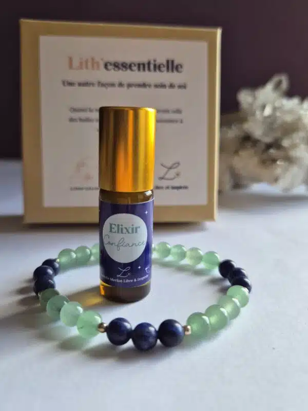 Coffret bien-être Lith’essentielle confiance avec bracelet en sodalite et aventurine verte, élixir d’huiles essentielles de laurier noble, mélèze et pruche pour développer l’estime de soi et le courage.