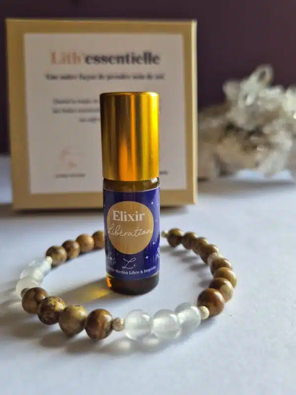 Coffret bien-être Lith’essentielle libération avec bracelet en sélénite et jaspe paysage, élixir aux huiles essentielles d’eucalyptus citronné, ylang-ylang et camomille romaine pour l’harmonisation émotionnelle et le lâcher-prise.