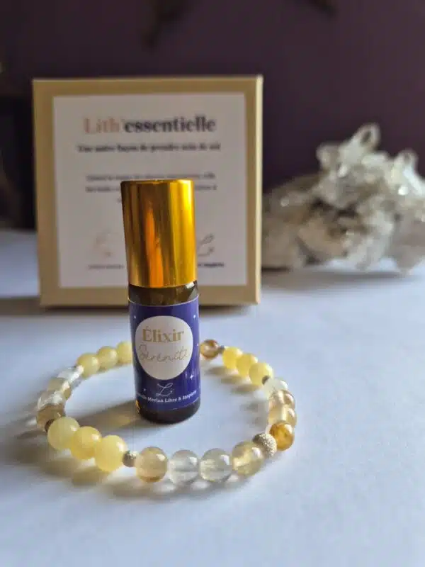 Coffret bien-être Lith’essentielle Sérénité avec bracelet en quartz hématoïde jaune et calcite jaune, élixir aux huiles essentielles de mandarine, petit grain mandarine et néroli pour apaiser le stress et cultiver la paix intérieure.