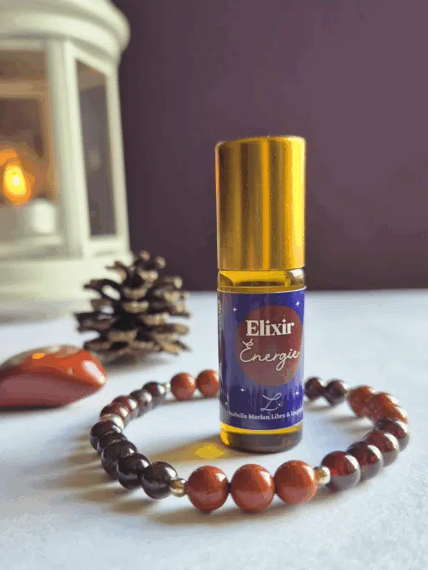 Coffret bien-être Lith’essentielle Énergie avec bracelet en jaspe rouge et grenat, élixir aux huiles essentielles d’épinette noire, sapin pectiné et basilic sacré pour stimuler la vitalité et le dynamisme.