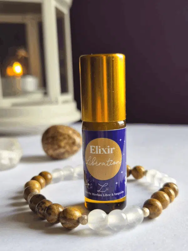 Coffret bien-être Lith’essentielle libération avec bracelet en sélénite et jaspe paysage, élixir aux huiles essentielles d’eucalyptus citronné, ylang-ylang et camomille romaine pour l’harmonisation émotionnelle et le lâcher-prise.