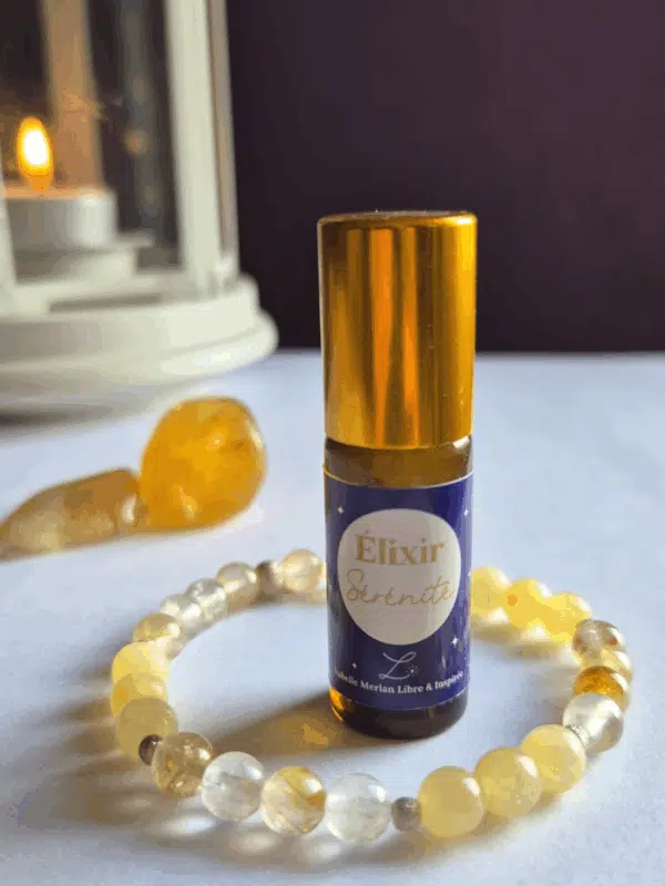 Coffret bien-être Lith’essentielle Sérénité avec bracelet en quartz hématoïde jaune et calcite jaune, élixir aux huiles essentielles de mandarine, petit grain mandarine et néroli pour apaiser le stress et cultiver la paix intérieure.
