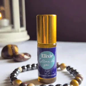 Coffret bien-être Lith’essentielle Estime de soi avec bracelet en jaspe paysage et hématite, élixir aux huiles essentielles de géranium bourbon, néroli et palmarosa pour renforcer l’amour-propre et l’alignement intérieur.