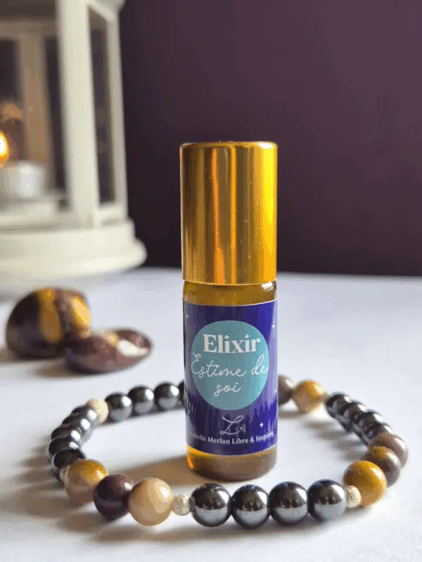 Coffret bien-être Lith’essentielle Estime de soi avec bracelet en jaspe paysage et hématite, élixir aux huiles essentielles de géranium bourbon, néroli et palmarosa pour renforcer l’amour-propre et l’alignement intérieur.