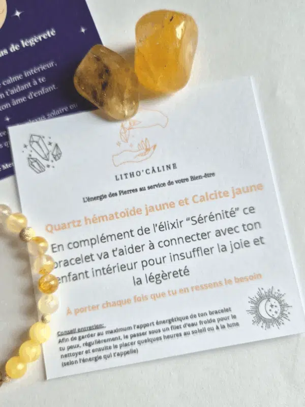Coffret bien-être Lith’essentielle Sérénité avec bracelet en quartz hématoïde jaune et calcite jaune, élixir aux huiles essentielles de mandarine, petit grain mandarine et néroli pour apaiser le stress et cultiver la paix intérieure.