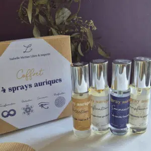 Coffret énergétique de 4 sprays auriques avec pierres, huiles essentielles, symboles sacrés et mantras : connexion, protection, purification, transformation – pour l’harmonisation, l’ancrage, le nettoyage et la métamorphose.
