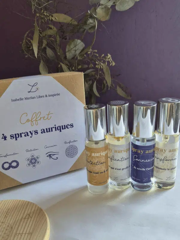 Coffret énergétique de 4 sprays auriques avec pierres, huiles essentielles, symboles sacrés et mantras : connexion, protection, purification, transformation – pour l’harmonisation, l’ancrage, le nettoyage et la métamorphose.