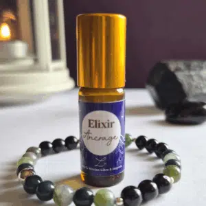 Coffret bien-être Lith’essentielle Ancrage avec bracelet en tourmaline noire et agate mousse, élixir aux huiles essentielles de patchouli, carotte et vétiver pour enracinement et stabilité.