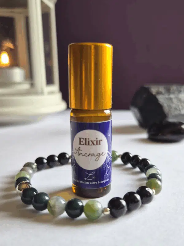 Coffret bien-être Lith’essentielle Ancrage avec bracelet en tourmaline noire et agate mousse, élixir aux huiles essentielles de patchouli, carotte et vétiver pour enracinement et stabilité.