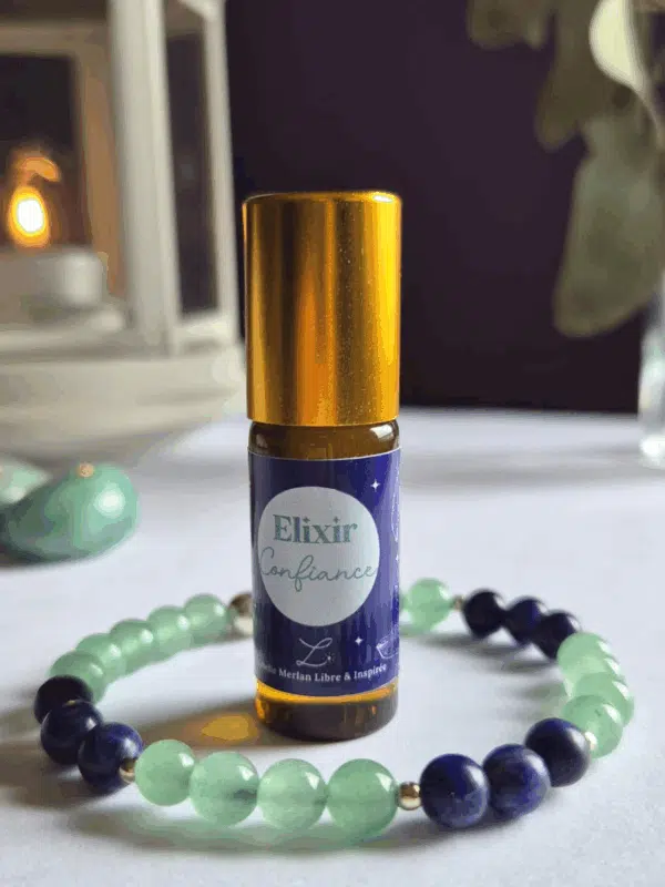 Coffret bien-être Lith’essentielle confiance avec bracelet en sodalite et aventurine verte, élixir d’huiles essentielles de laurier noble, mélèze et pruche pour développer l’estime de soi et le courage.